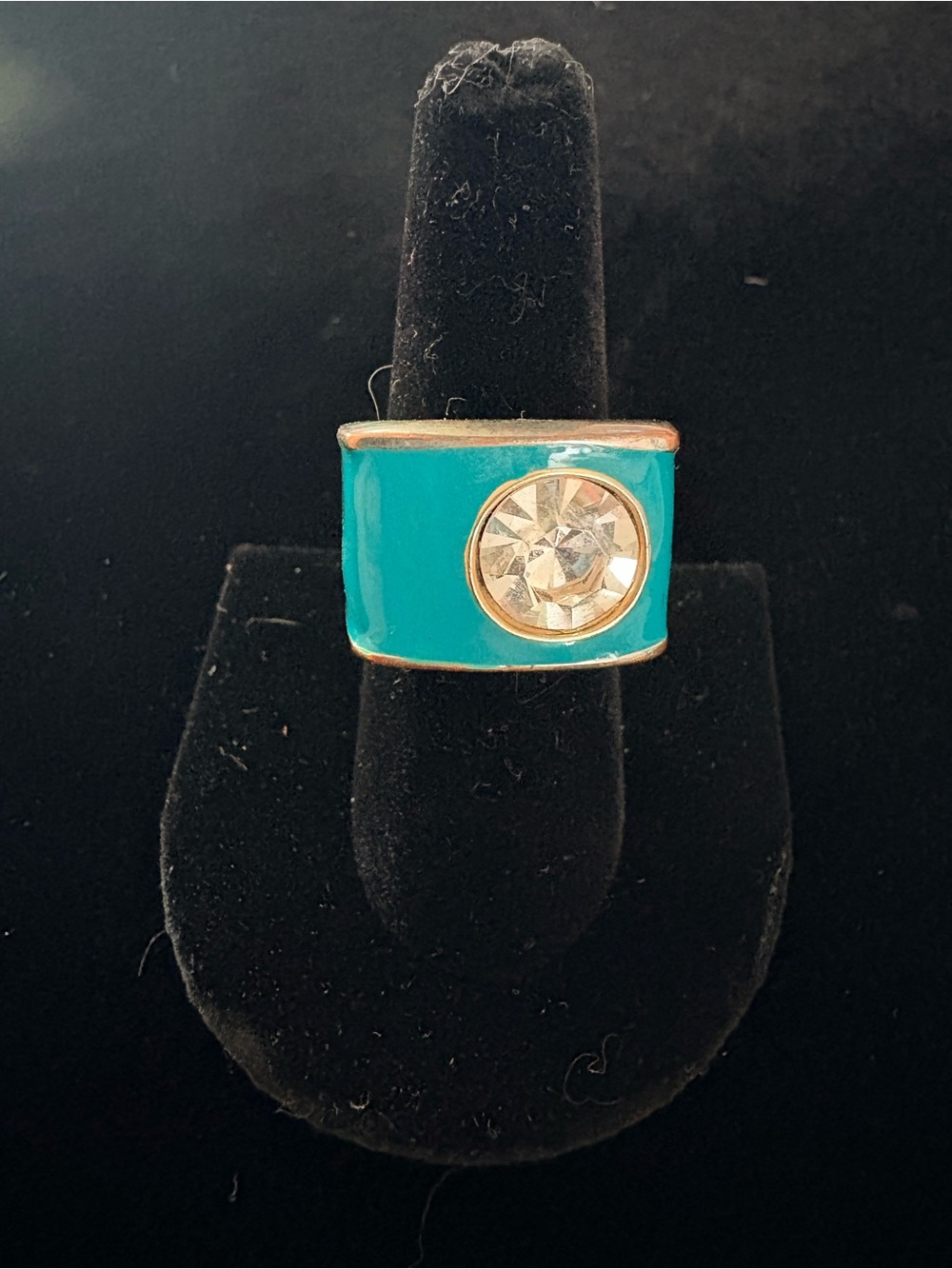 Turquoise Enamel Wide Band Ring with Clear Crystal Accent
